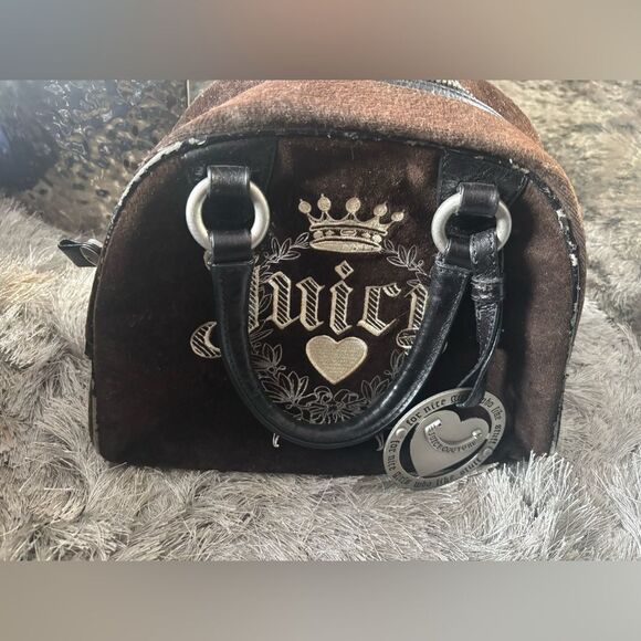 Juicy Couture Handbags - JUICY COUTURE handbag Vintage Brown Suede Velvet Bowling Bag purse logo y2k